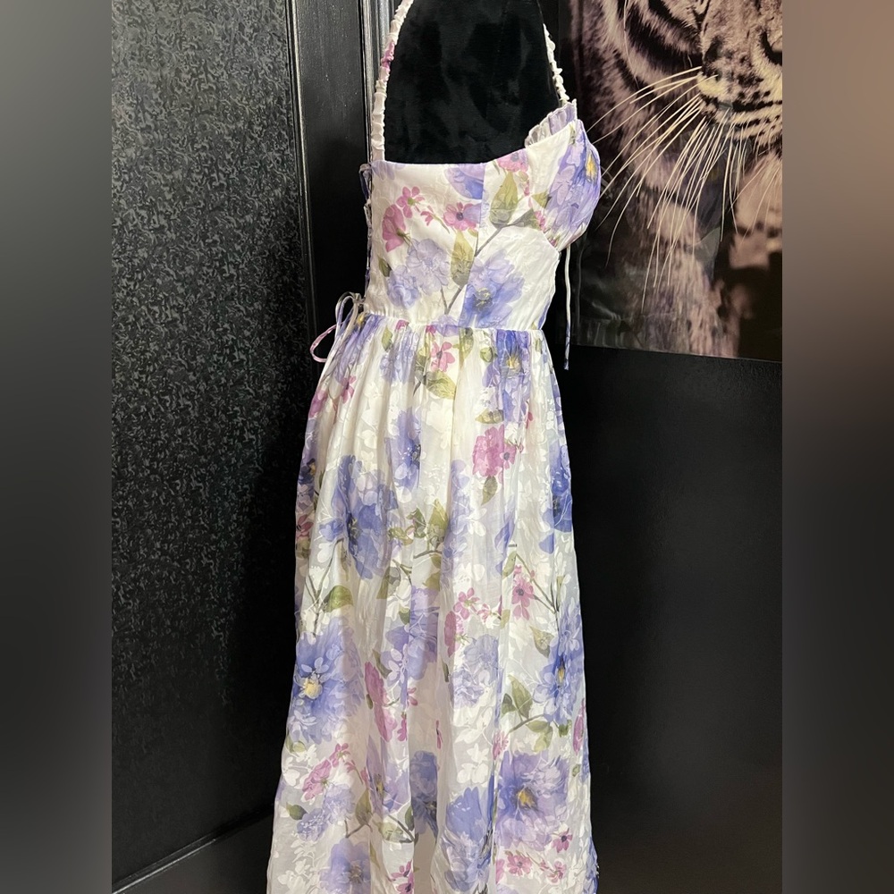 💜LULUS Hillela Ivory Floral Ruffled Lace-Up Midi Skater Dress💜SZ L- NWT - Picture 9 of 16